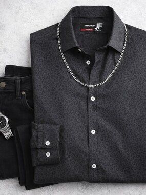 Black Micro Leopard Print Slim Fit Shirt Men Medium Stretch Button Up